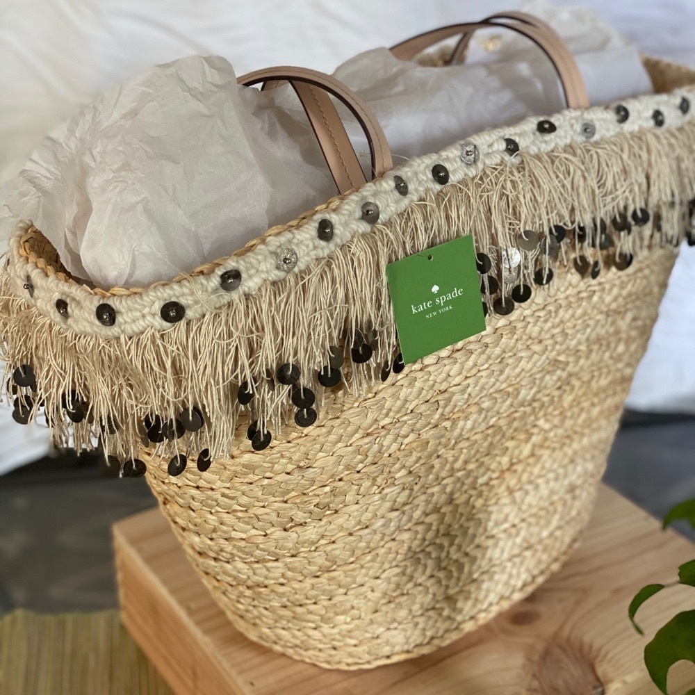NEW Kate Spade NY Boho Straw Tote Bag with Fringe